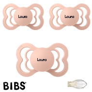 BIBS Supreme sutter med navn i Blush, 3-pak, symmetrisk silikone